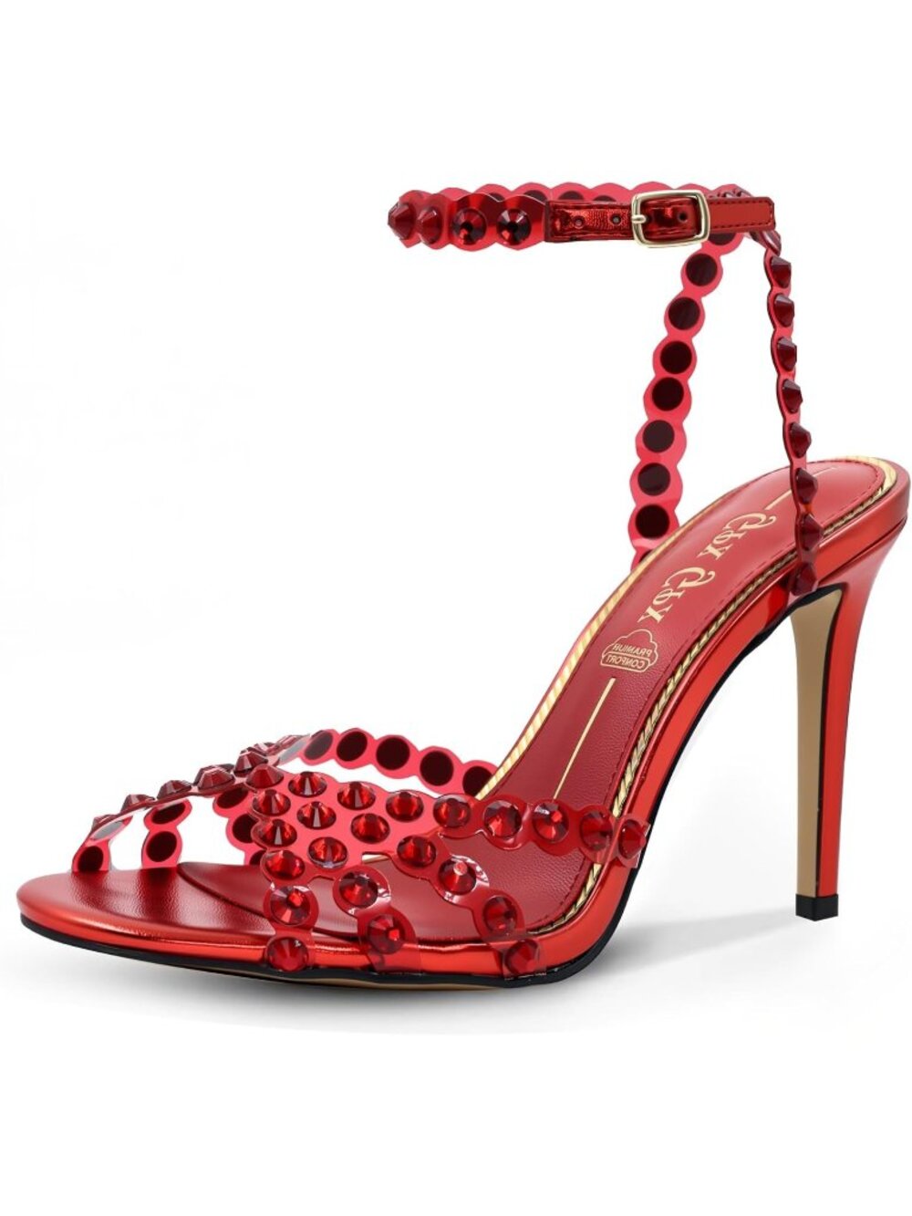 Women's Red High Clear Strappy Buckle Stiletto Heels Round Toe Sandals Shoes